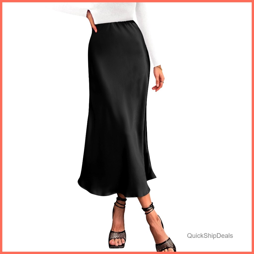 Satin Midi Skirt With Elastic Waist, A-Line Flowy Design